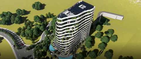 3D render moderne zgrade sa zaobljenim terasama i solarnim panelima na krovu. - image 3