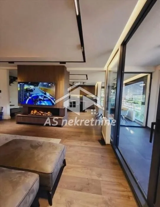 Spacious living room with a TV and a fireplace.