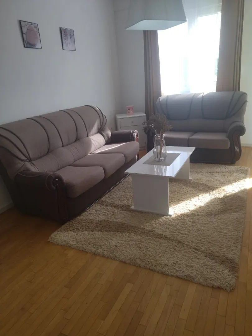 Living room with seating set, coffee table, and rug.