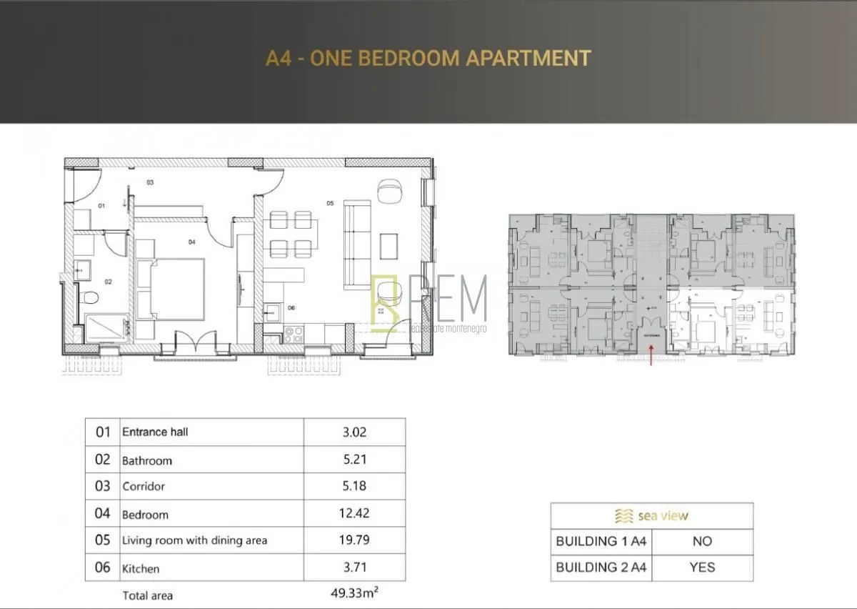 Prodaja, jednosoban stan, 49m², Risan, Kotor