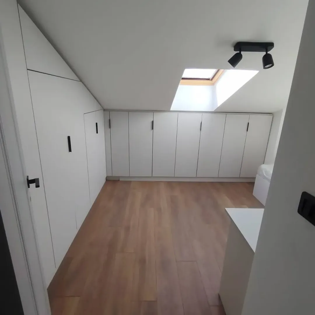 Attic room with built-in wardrobes and a skylight.