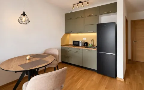 Small kitchen with green cabinets and a dining table with two chairs. - image 8
