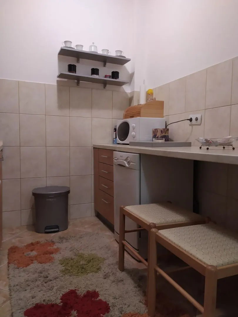 Small functional kitchen with a counter and basic appliances.