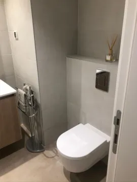 Modern bathroom with a wall-hung toilet and washbasin. - image 11