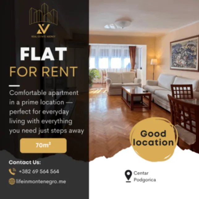 Izdavanje, dvosoban stan, 70m², Centar, Podgorica