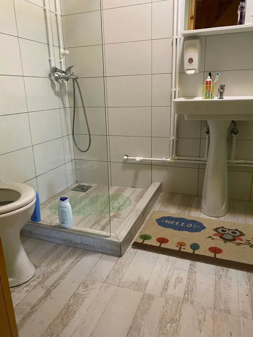 Manje kupatilo sa tuš kabinom, umivaonikom i toaletom.