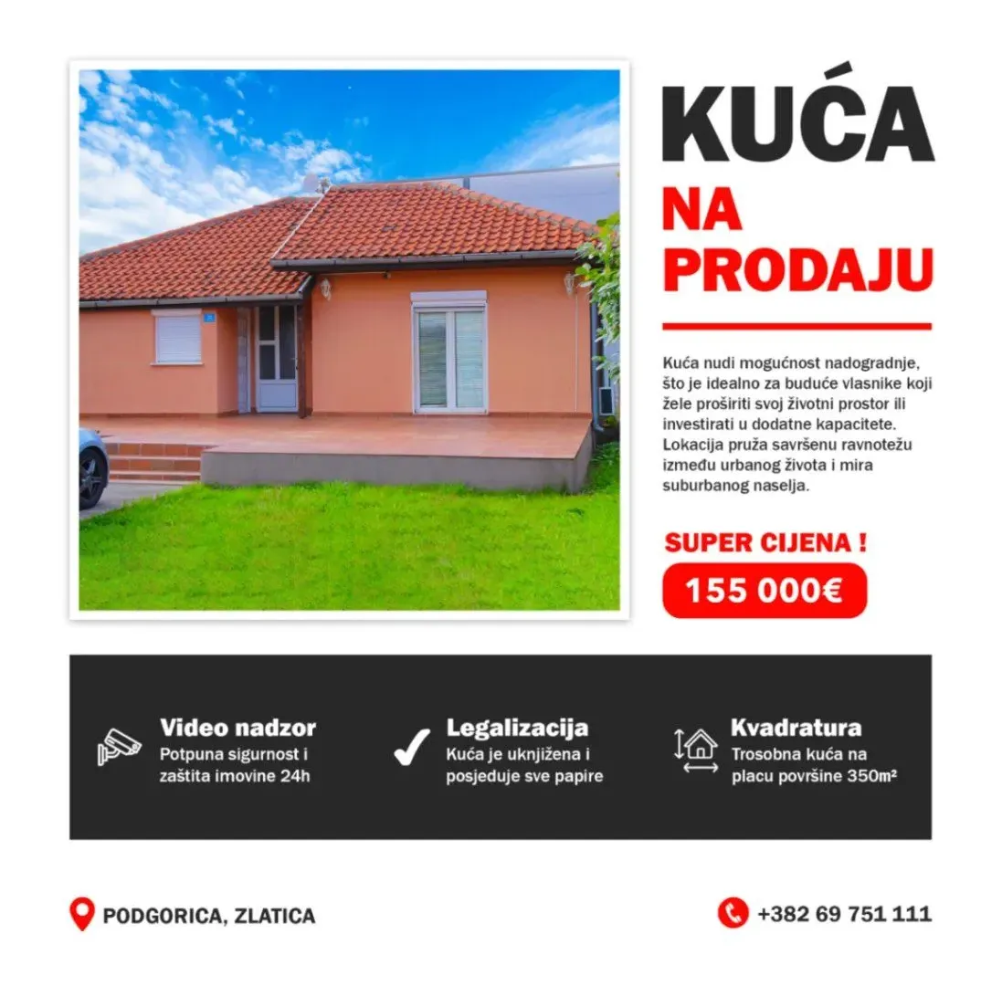 Prodaja, kuća, 77m², Zlatica, Podgorica