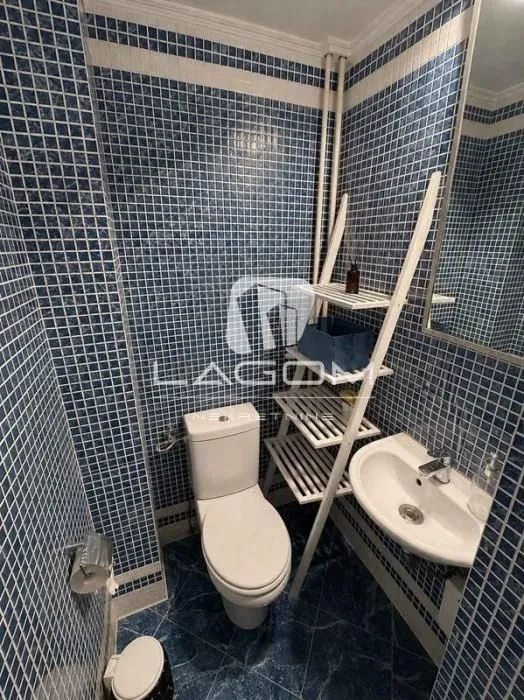 Small bathroom with blue mosaic tiles, toilet, and washbasin.