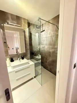 Modern bathroom with a washbasin and a glass shower cabin. - image 14