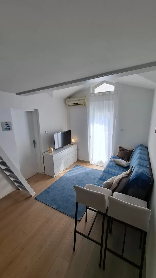 Living room with a sofa, TV, and air conditioning unit.