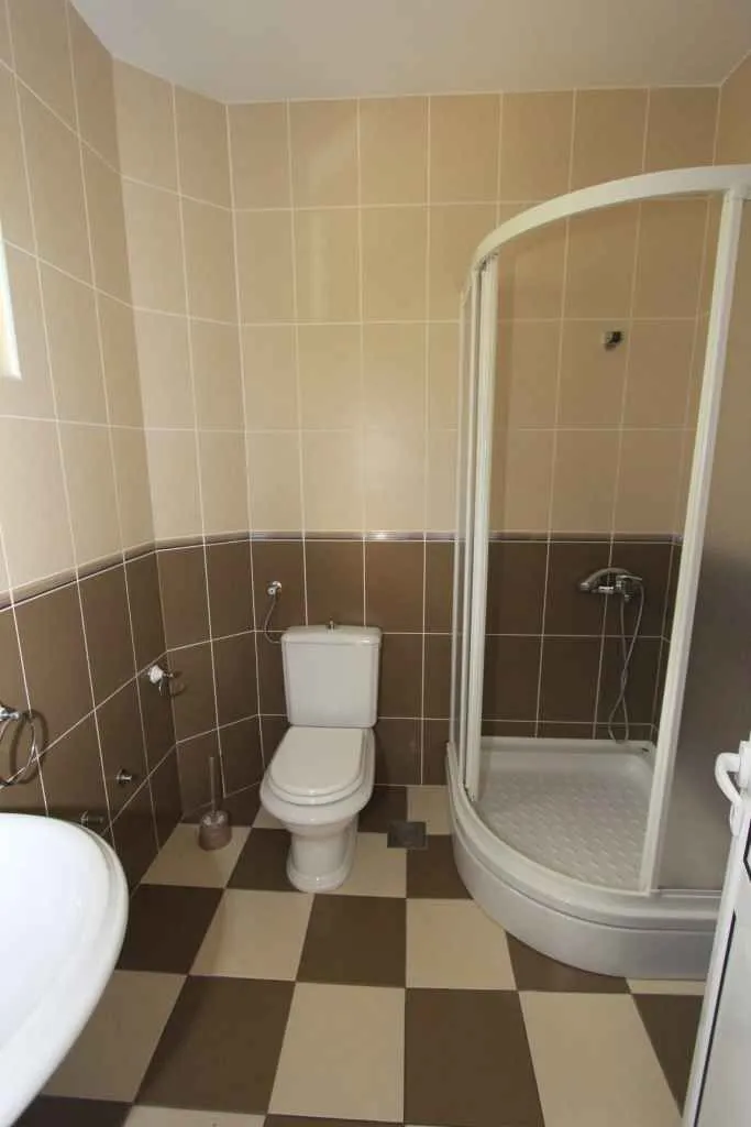 Jednostavno kupatilo sa tuš kabinom, toaletom i dvobojnim pločicama.