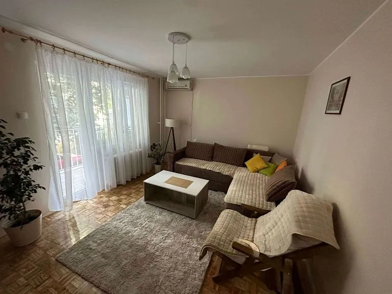 Udoban dnevni boravak sa garniturom za sedenje i izlazom na terasu.