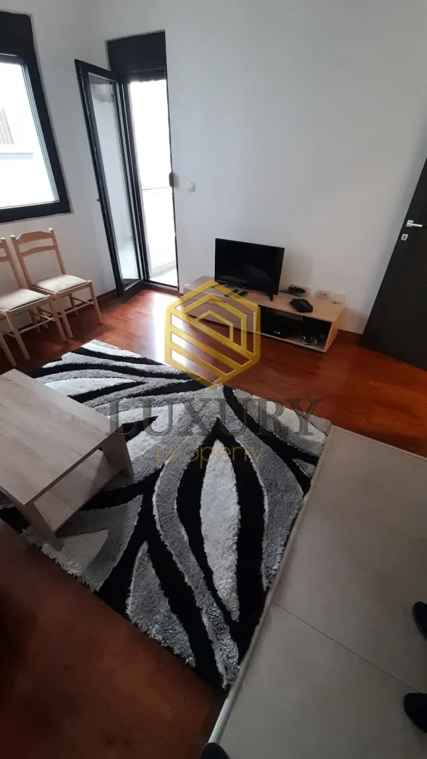 Living room with parquet flooring, a rug, and access to the terrace.