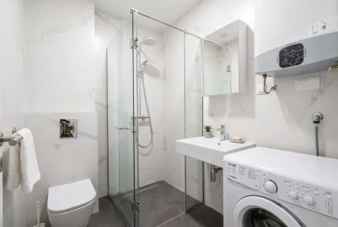 Modern bathroom with a walk-in shower, washbasin, and washing machine. - image 9