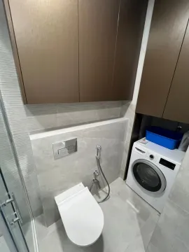 Modern bathroom with a toilet, washing machine, and built-in cabinets. - image 20