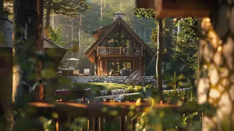 Pogled na drvenu vikendicu okruženu šumom. - image 38