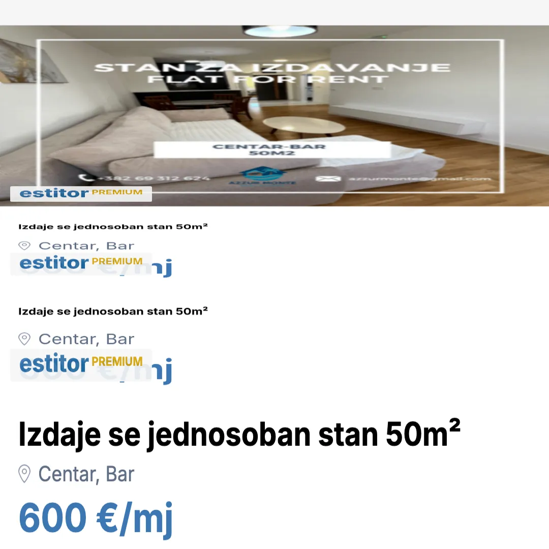 Izdavanje, jednosoban stan, 50m², Centar, Bar