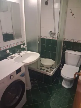 Bathroom with a shower cabin, washbasin, toilet, and washing machine. - image 9