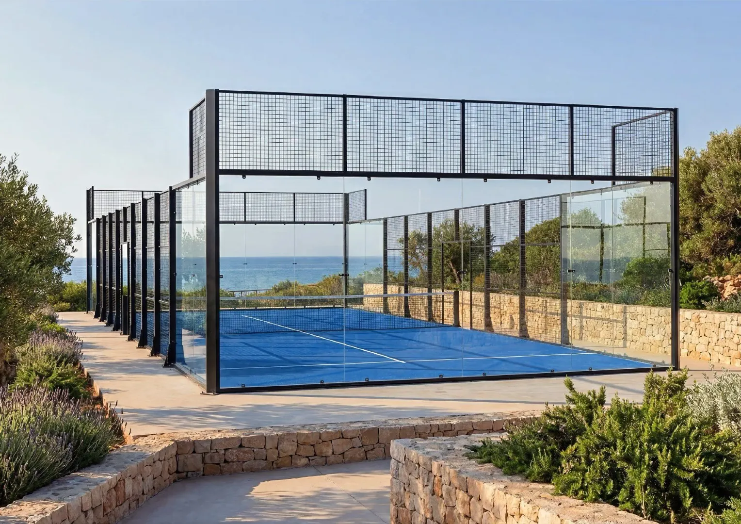 Modern padel court with a sea view.