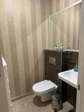Smaller bathroom with a toilet, washbasin, and a large mirror. - image 9