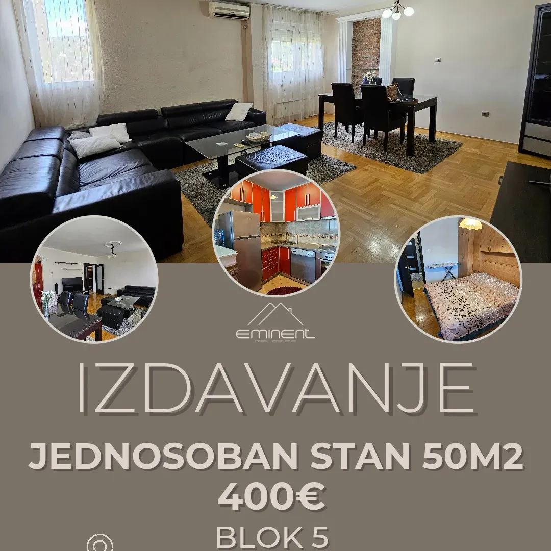 Izdavanje, jednosoban stan, 50m², Blok 5, Podgorica