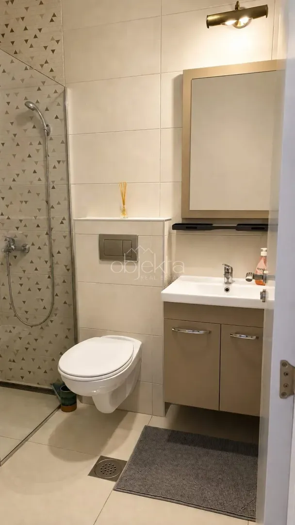 Modernly equipped bathroom with a walk-in shower, washbasin, and toilet.