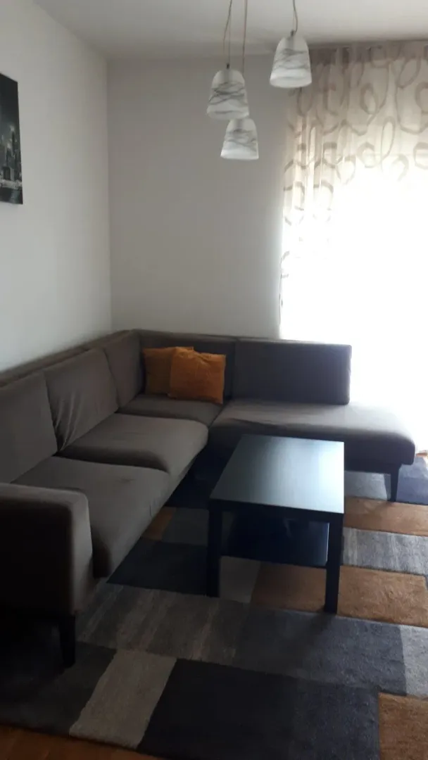 Living room with a sectional sofa, coffee table, and rug.