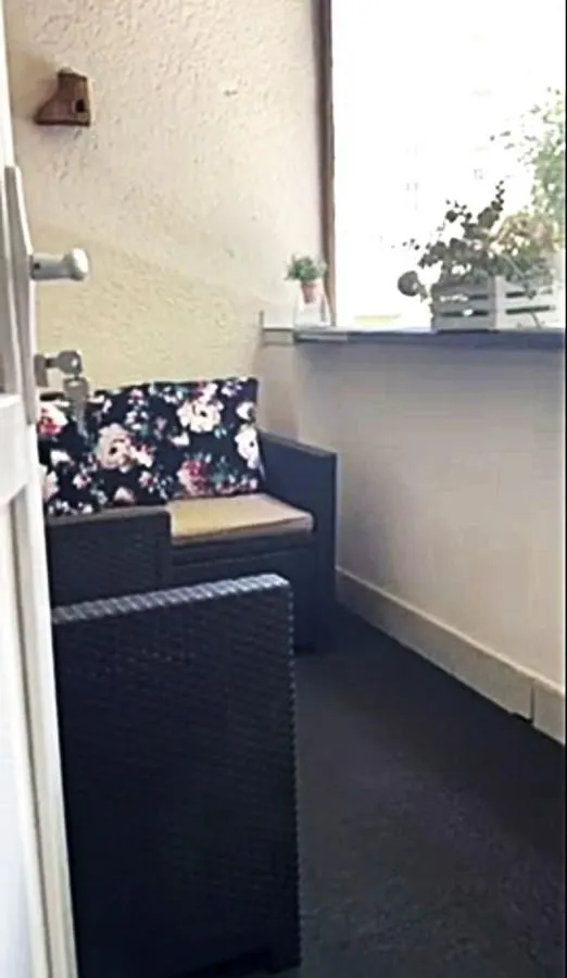 Manji zatvoreni balkon sa garniturom za sedenje i ukrasnim biljem.