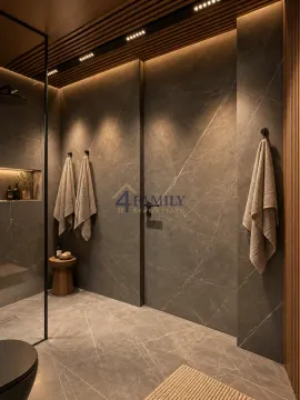 Moderno kupatilo sa tuš kabinom i elegantnim pločicama u tamnim tonovima. - image 13
