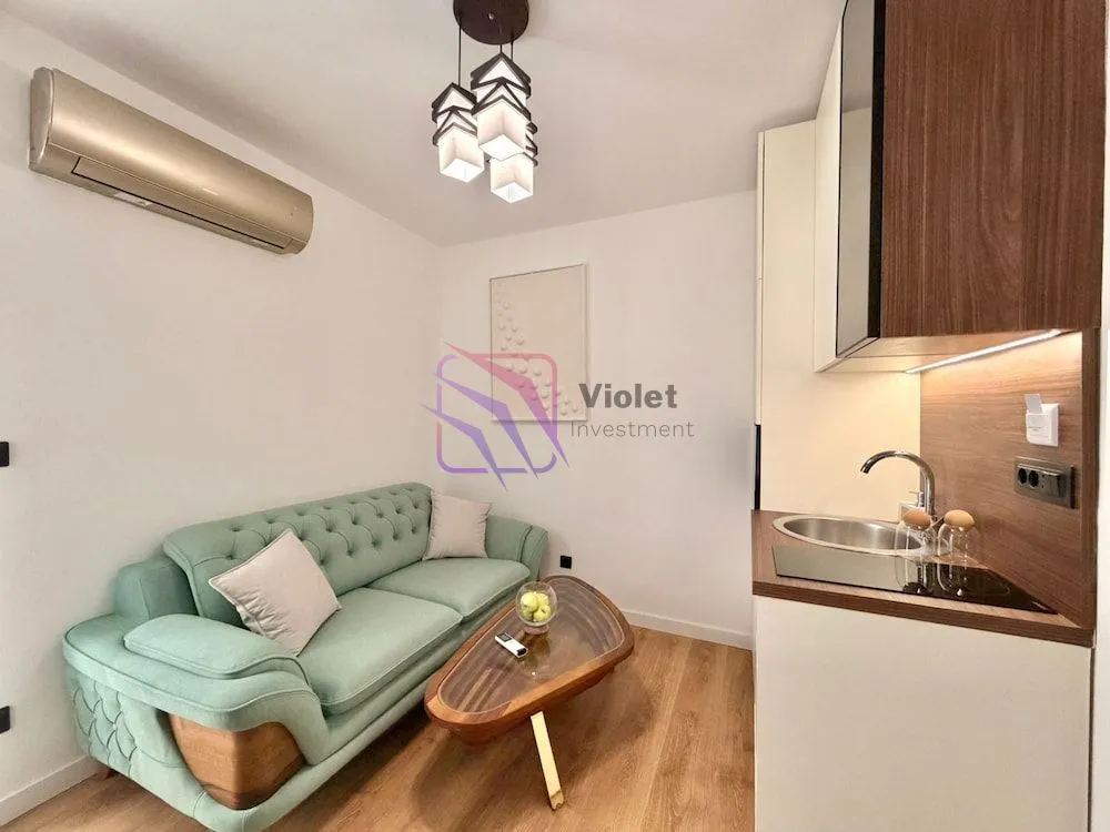 Living room with a sofa and open-plan kitchen.