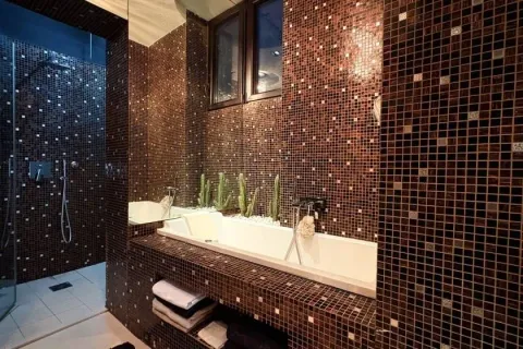 Modern bathroom with a bathtub and walk-in shower, finished with mosaic tiles. - image 14