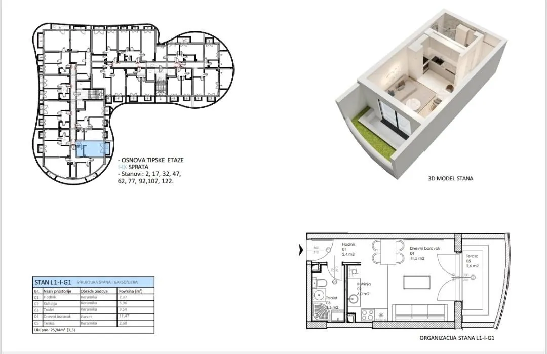 Osnova stana sa rasporedom prostorija, tabelom površina i 3D prikazom.