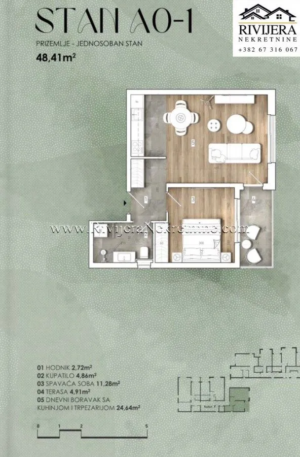 Prodaja, jednosoban stan, 48m², Radanovići, Kotor