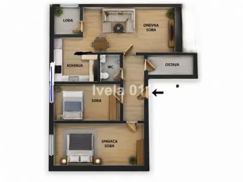 Dvodimenzionalni plan stana sa rasporedom prostorija i nameštajem. - image 11