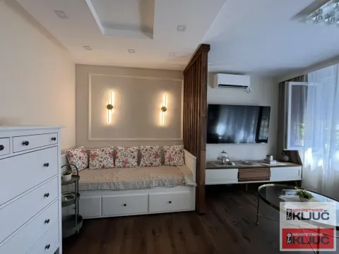 Dnevni boravak sa garniturom, televizorom i drvenom pregradom. - image 14