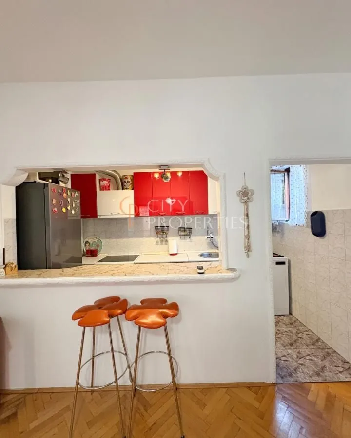 Kitchen with a breakfast bar and red cabinets in an apartment.