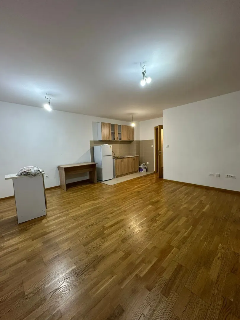 Prostrana dnevna soba sa drvenim podom i malom kuhinjom u pozadini.
