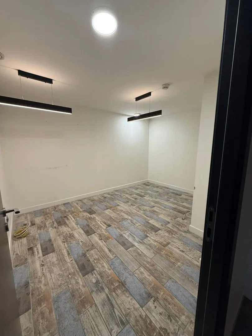 Empty room with wooden flooring and ceiling lights.