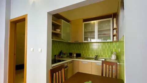 Small kitchen with wooden elements and green tiles. - image 3