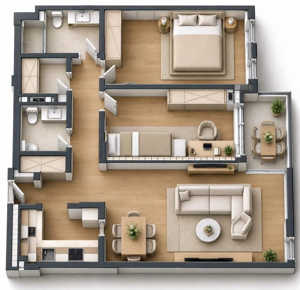 Three-room apartment layout with furniture and a terrace.