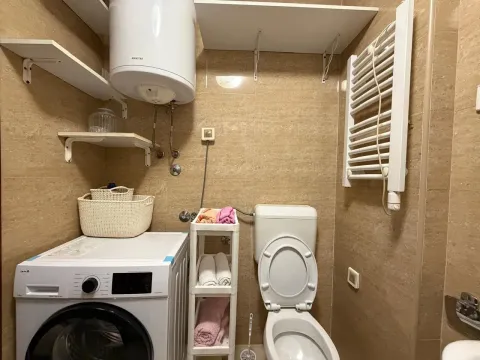 Small bathroom with a washing machine, water heater, and toilet. - image 12