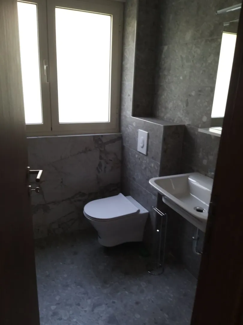 Manje kupatilo obloženo sivim pločicama sa ugradnom šoljom i umivaonikom.
