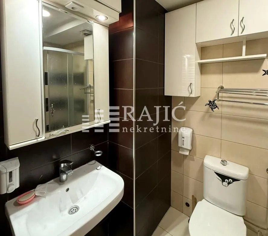 Smaller bathroom with a sink, toilet, and wall cabinets.