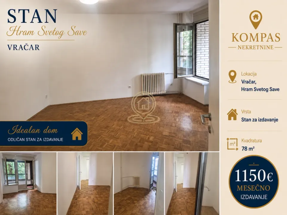 Rent, three bedroom apartment, 78m², Vračar Hram, Vračar Sve Podlokacije