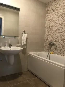 Bathroom equipped with a washbasin, a mirror, and a bathtub with mosaic tiles. - image 5
