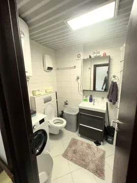 Small bathroom with sanitary facilities, shower, washbasin, and washing machine. - image 5