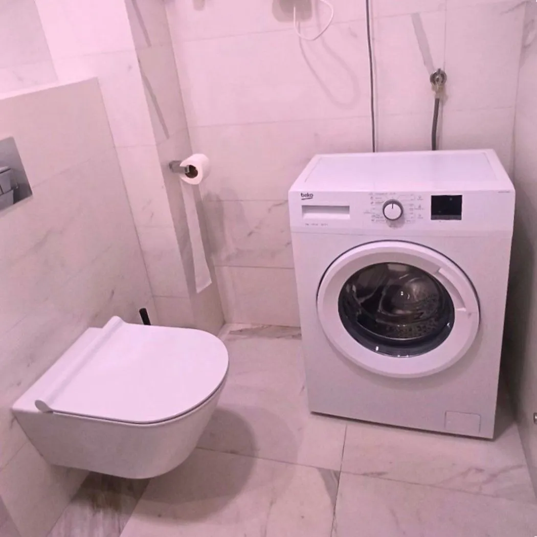 Manje kupatilo sa sanitarijama i veš mašinom.