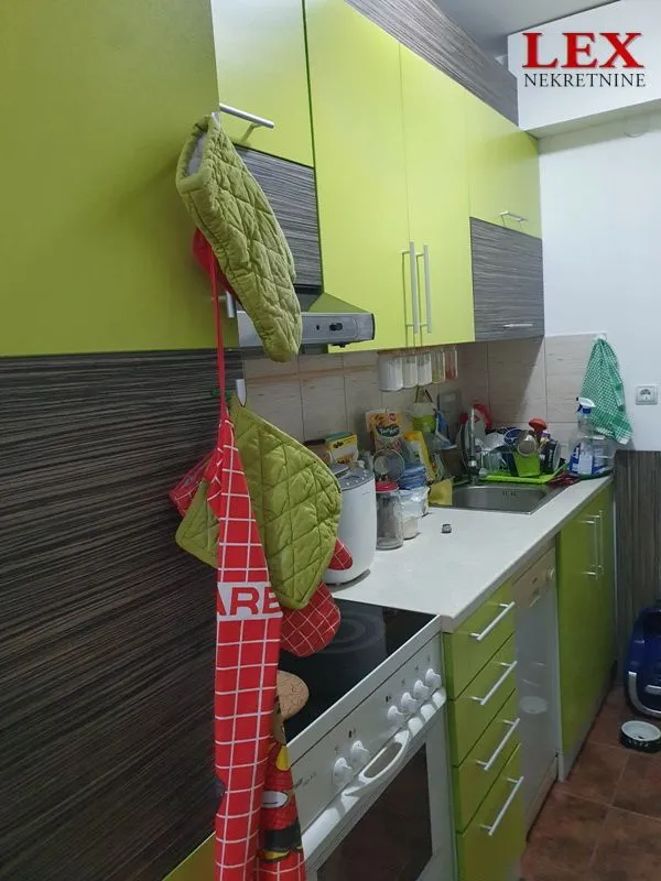 Manja kuhinja sa zelenim elementima i ugrađenim kućnim aparatima.