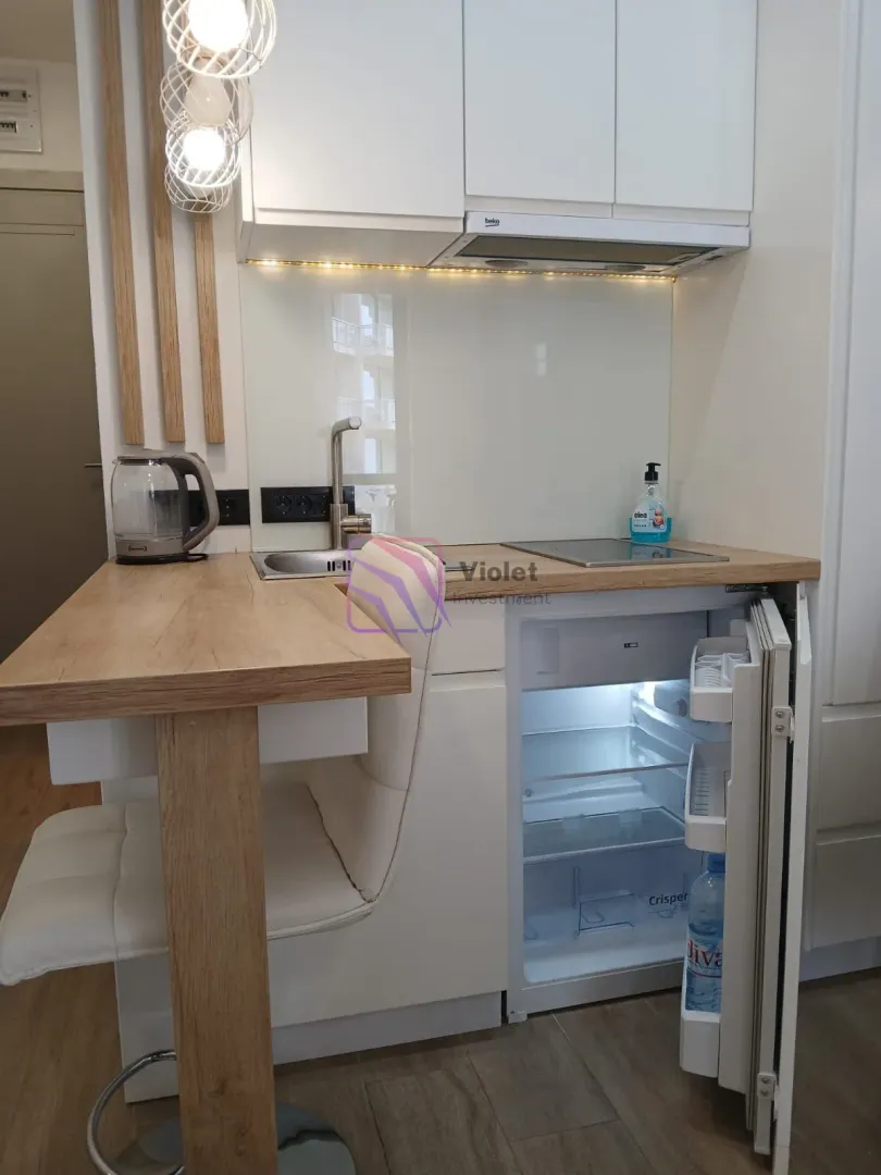 Mala bijela kuhinja sa ugrađenom pločom, sudoperom i mini frižiderom.