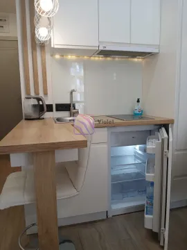 Mala bijela kuhinja sa ugrađenom pločom, sudoperom i mini frižiderom. - image 7